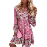 Boho Retro Floral Print Pleated Party Dress Spring V Neck Elegant Office Lady Dress 2021 Autumn Flare Sleeve Women Dress
