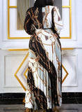 Vintage Bow Full Sleeves Chain Print Belted Maxi Pleated Plus Size Long