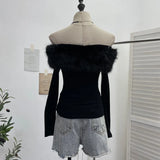 Real Shot Of The Long-Sleeved Long-Sleeved Shoulder-Clothed T-Shirt And Sweet And Spicy Niche Short Thin Velvet Bottom