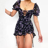 hirigin Summer Short Sleeve Bodycon Dress Women Sexy Square Collar Lace-up Bow Mini Dress Retro Floral Print Ruffle Party