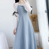 Sleeve Dresses Women Lace-up Patchwork Fashion French Style Leisure Autumn Simple Elegant Comfortable Vestidos Feminino