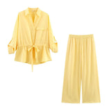 Women's 2025 Summer Drawstring Long-Sleeved Shirt + Casual Pants Set Women's