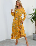 Autumn New Bohemian Floral Print Long Sleeve Waist Dress Women O Neck Loose Casual Beach Vestidos Holiday Robe Dresses-Outfit