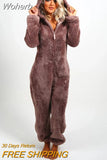 Women Overall Homewear Warm Fleece Hooded High Waist Autumn Winter Solid Color Jumpsuit Pants Jumpsuits Pajama-Outfit