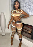 Printed Sexy O-Neck Short Sleeves High Waist Skinny Two Piece Pants