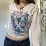 y2k Butterfly Print Long Sleeve Crop Top Autumn V Neck Pullovers Tees Fairy Grunge 90s Vintage Women Harajuku