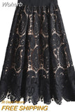 Retro Flower Print Hollow Lace Skirts Elegant High Waist Midi A-line Long Skirt QT1473-Outfit