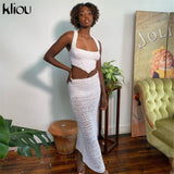 Kliou Knitted Two Piece Set Women Skirt Elegant Classy Back Criss Cross Bandage Camisole Top+Ribbons Hollow Out Female