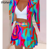 Fashion Printing Two Piece Set Women Fashion Office Ladies Button Suit Pleated Skirt Two Piece Suit Women-Outfit