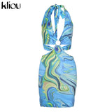 Kliou Tie Dry Two Piece Set Women 2021 Sexy Halter Sequined Beachwear Cleavage Crop Top+Mini Skirt Suit Female платье