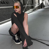 Kliou Knitted Dress Women Sexy See Through X-Long Hoody Tops+One Shoulder Drawstring Ruched Robe Skirt Hipster Future