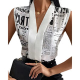 Women Summer Fashion Female Top Nespaper Print V neck Long Sleevless Casual Blouse