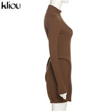 Kliou Knitted Stitching Mini Dress Women Hipster Skinny Three-Dimensional Decoration Bodycon Long Sleeve Turtleneck
