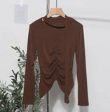 Real Shooting Explosion Long-Sleeved T-Shirt Girl Autumn Folded Waist-Bottomed Shirt V-Neck Ribbon Open Fork Short Top
