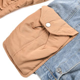 Winter Casual Denim Patch Ruched Long Sleeve Padded