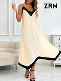 ZRN-Women's Asymmetrical Semi-Sheer Midi Dress, V Neck, Thin Straps, Female Dresses, Patchwork, Sexy Fashion-Outfit