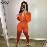 Kliou Solid Simple Two Piece Set Women Sheath Slim Casual Sporty Long Sleeve Zipper Top+Body-Shaping Female Activewear