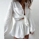 Women's Casual Pure Color Lotus Leaf Side Shorts Shirt Fashion Set Women's