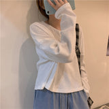 Sleeve T-shirts Women Elegant Simple Pure Button Design Retro Ins Autumn Ladies Tees Top All-match BF Style Mujer