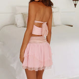 2 Piece Set Women Lace Frill Backless Tie Up Bandeau Strapless Tube Crop Tops + Layers Pleated Mini Skirt Fairy Outfits-Outfit