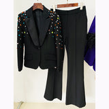 Fashion New Heavy Industry Nails Color Diamond Repair Suit Jacket Micro-Thorn Trousers Set