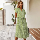 New Summer Women's Elegant Short Sleeve Polka Dot Print Dress Shirt Collar Button Lace Up Temperament Ladies Long