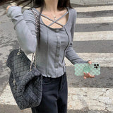 Woherb Girl Heart Machine Collarbone Show Thin Short Style Student Jacket Female 2024 Autumn Dress New Slim Pit Strip Long-Sleeved T-Shirt Female-Outfit