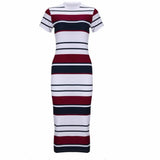 Summer Stripe Bodycon Dress Vestidos Short Sleeve Ladies Knee Length Dress Plain Jersey Stretch Basic