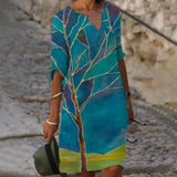 Women Dress Summer Vintage Print V-Neck Half Sleeve A-Line Dress Sundress 2021 Fashion Female Loose Dresses