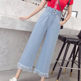 Spring Plus Size Women Jeans Tassel High Waist Elastic Ankle-Length Denim Pants Fashion Loose Wide leg Female Jeans