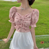 Women Summer Bf Puff Sleeve Teens Crop Top Fashion Floral Pleated Bow Sweet Sexy Thin Slim Street Comfortable