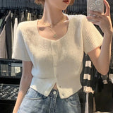 Woherb Spring And Summer New Korean Version Short Short Sleeve Jacket Female Small U Collar South Korea East Gate Thin Knit Cardigan-Outfit