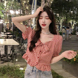 Plaid Summer Shirts Women Crop Tops Mujer Harajuku Sweet Cute Korean Style Retro Temperament Girlish Clothes Y2k Students-Outfit