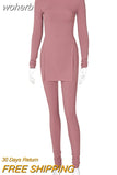 Knitted Rib Tracksuit Women Lounge Wear Long Sleeve Irregualr Top + Leggings Slim Two Piece Set Women Streetwear Clothes-Outfit