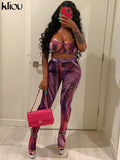 Kliou Mesh Printing Two Piece Set Women Sexy Cut Out Cleavage Camisole+Mid Waist Color Blocking Pants High Streetwear Lady