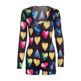 hirigin Hot Sale Women Sexy Stretchy Pajamas Long Sleeve V-Neck Pineapple Star Heart Printed Bodycon Summer Lady Jumpsuit