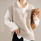 Woherb Autumn And Winter New V-Neck Vest Lazy Wind Fall Shoulder Sweater Vest With Vintage Twist Knit Vest Female-Outfit