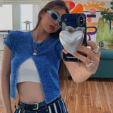 Korean Fashion Irregular Crop Tops Grunge Chic Designer Clothes Kpop Split Knitted Short Sleeve T-shirt Y2k