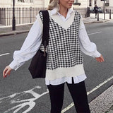 Sweater Vest 2020 Autumn Knitted Houndstooth V-Neck Pullover Fashion Oversized Sleeveless Female Waistcoat Jumper