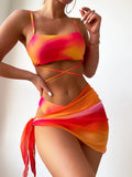 2025 Tie-Dye Bikini Women's Three-Piece Mesh Dress Split Bikini