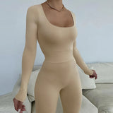 Kliou Solid Concise Two Piece Set Women Skinny Bodycon-shaping Crew Neck Bodysuit+High Waist Slim Sporty Leggings
