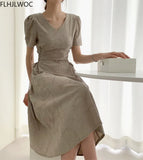 Cotton Linen Long Dress Summer Slim Waist A Line Temperament Lady Retro Vintage Cute Korean Chic Women Dresses