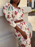 Women Elegant Linen Flower Printed Slit Midi Skirt Suit Chic Puff Sleeves Backless Crop Top Set Summer Lady High Streetwear 2024-Outfit