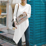 Women Asymmetrical Blouse ZANZEA Autumn Long Sleeve Solid Split Hem Tops Casual Long Shirt Female O Neck Blusas