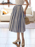Women Vintage Cotton Linen Striped Umbrella Skirt Elegant High Waist Mid-length Long A-line Skirt For Spring Summer QT2064-Outfit
