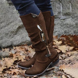 Women Knee High Boots Vintage PU Leather Round Toe Western Cowboy Long Boots Female Low Heel Side Zipper Work Snow