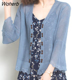 Out V-Neck Ninth Flare Sleeve Summer Knitted Sunscreen Cardigan Women Thin Small Coat Open Stitch Elegant Knitwear Tops-Outfit