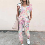 Casual Tie-dye Print 2 Piece Set O Neck Short Sleeve Tops And Drawstring Lace Up Long Pant Summer Sport Loose Female
