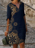 Women Dress Summer Vintage Print V-Neck Half Sleeve A-Line Dress Sundress 2021 Fashion Female Loose Dresses