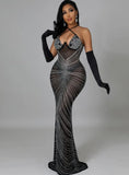 Sexy Halter With Long Sleeve Rhinestone Maxi